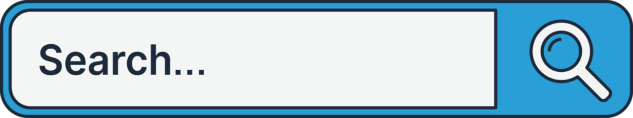 Obraz premium Blue search bar with magnifying glass and text search white dark blue