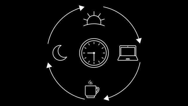 Daily routine circadian rhythm cycle animation. Clock sun moon coffee cup laptop connected by arrows, time management workflow showing morning work break and night sleep schedule loop alpha channel