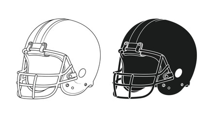 A black and white line drawing depicts two american football helmets one light and one dark side by side