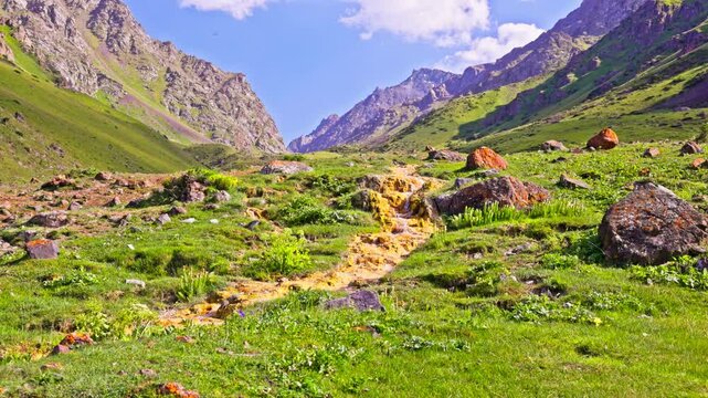 Iron-rich mineral stream flows through a green alpine valley with rocky slopes and high mountains. Natural landscape of Kyrgyzstan with visible iron bacteria deposits in water.
