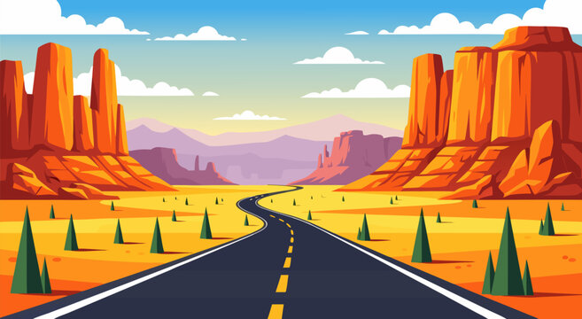 Vector illustration of curving desert road through red rocks and pines under blue sky