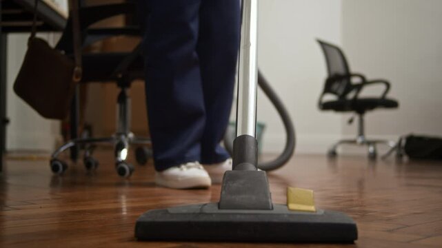 Ground level shot of unrecognizable cleaner in workwear and gloves vacuuming floor in modern office workspace