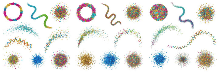 Set of colorful confetti celebration elements and glitter particles isolated on transparent png background oil paint