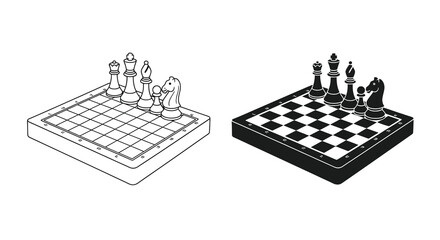 A stark black and white illustration depicts two isometric chessboards each featuring a complete set of chess pieces arranged for play © ArtBySalea07