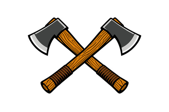 A vector illustration of two crossed axes with wooden handles and