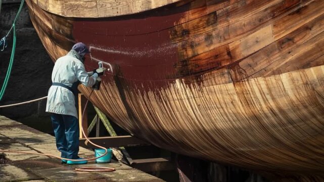 Worker spray painting wooden ship hull, marine vessel maintenance in shipyard with protective coating process, industrial restoration of large boat surface by skilled technician, maritime repair servi