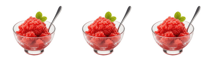 Set of strawberry sorbet in glass bowl with mint leaf and spoon isolated on transparent png background oil paint © nova