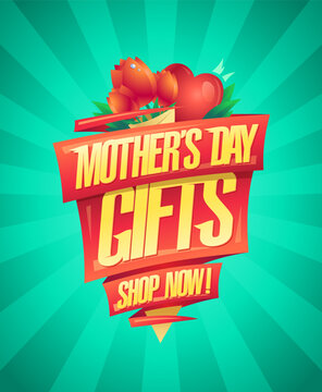 Mother's day gifts, shop now, vector sale poster design with flowers and ribbons