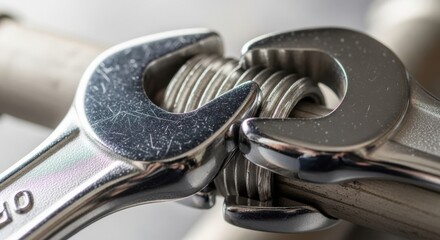 Extreme Close Up of Two Wrenches Interlocked While Working on Pipe Fitting