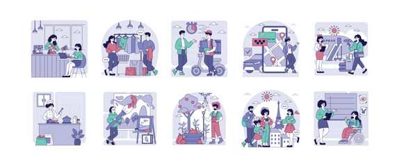 Fototapeta premium Daily Life and Activities Vector Illustration Set