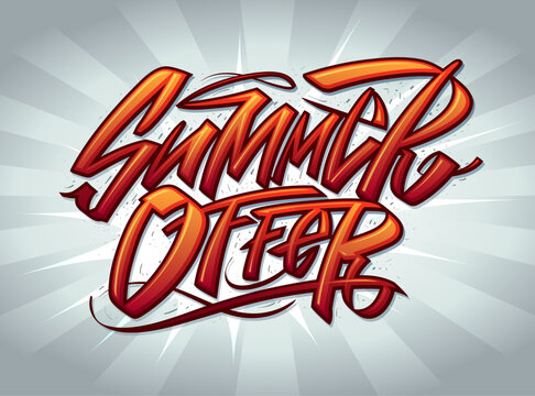 Summer offer, vector banner template with hand drawn lettering