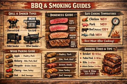 BBQ & Smoking Guides with cooking temperature information on wooden texture