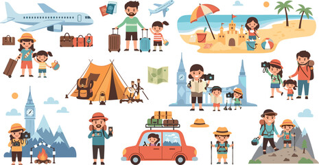 Fototapeta premium Family Travel and Vacation Activities Illustration Set Featuring Airplane Journey, Beach Holiday, Camping Adventure, Photography Tours, Road Trip, Hiking and Tourism Lifestyle Scenes
