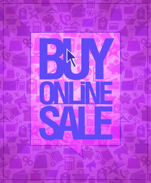 Buy online sale vector banner template with shopping symbols on a blue backdrop
