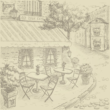 Hand drawn old town street cafe terrace with small tables, chairs, lanterns and flower pots near vintage buildings and trees. Vector illustration for restaurant menu, travel poster, city guide or tour