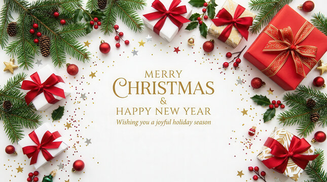 Festive Christmas and New Year Greeting Card with Gifts and Decorations