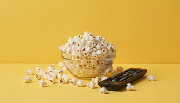 Bowl of Popcorn and a Remote Control on Yellow Background for Movie Night Concept
