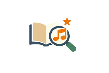 A flat vector illustration featuring an open book with a magnifying