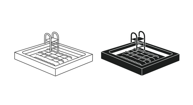An isometric illustration showcases two swimming pools one light and one dark both featuring ladders and textured water