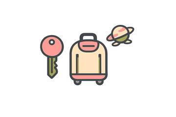 A flat vector illustration featuring a pink key, a beige suitcase