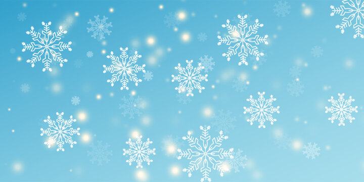 Cute falling snow flakes backdrop. Wintertime fleck ice shapes. Snowfall weather white teal blue illustration. Flat snowflakes february vector. Snow hurricane scenery.