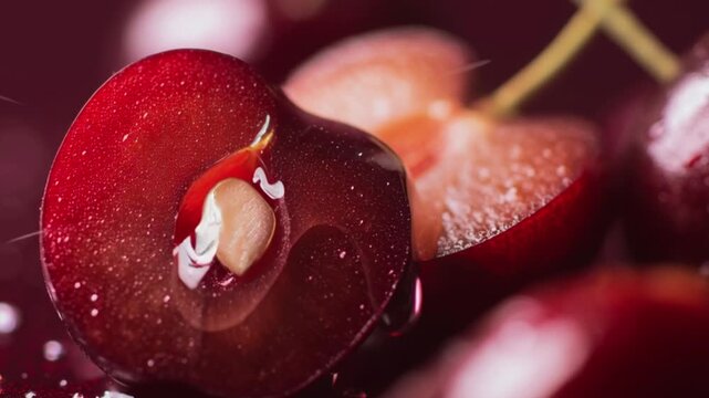 Cherry half close up macro with seed, fresh red fruit interior texture showing juicy pulp and natural moisture, detailed organic sweet berry section in vibrant studio light, healthy food 4k footage