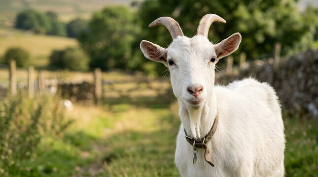 A docile white goat, wearing a simple collar, looks directly at the camera from its sunny green pasture habitat.