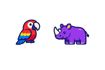 Obraz premium A set of two cute cartoon animal icons featuring a colorful red macaw