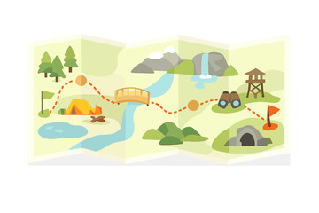 Fototapeta premium This vector illustration features a folded paper map of a wilderness