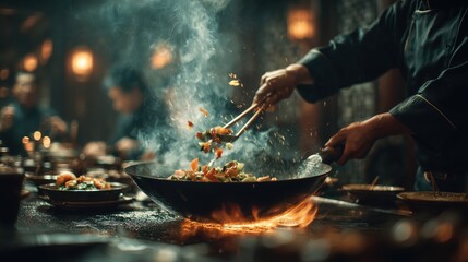 Fototapeta premium Chef bustling in a restaurant kitchen, swiftly crafting a mouthwatering dish that sets a lively tone for diners