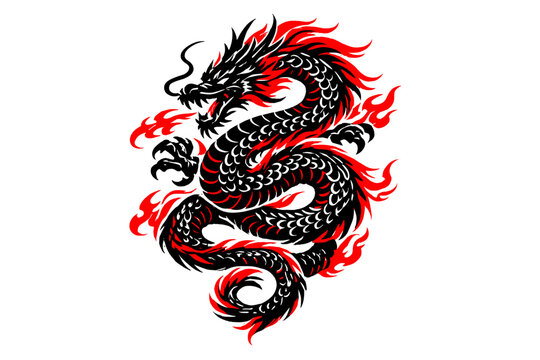 A stylized black and red dragon illustration in a tribal tattoo