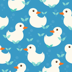 Naklejka premium cute cartoon white baby duck float water and plant seamless pattern texture blue background