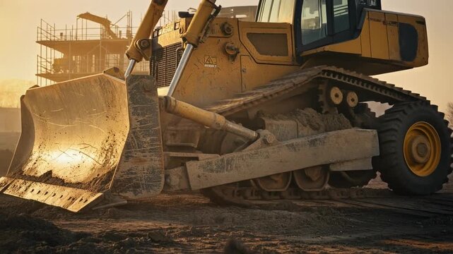 Heavy bulldozer at construction site during sunset with dirt and building framework in background