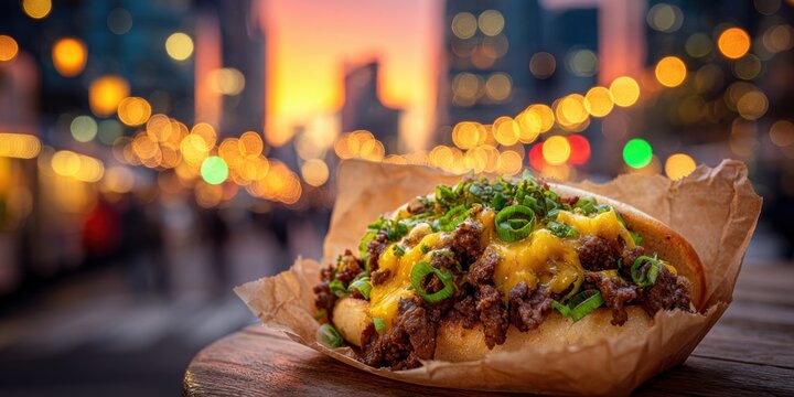 An appetizing Philly cheesesteak sandwich, a street food delight, is presented on wooden table against a bokeh city backdrop at twilight, promising a tasty experience.