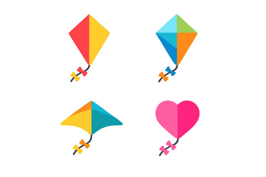 A set of four colorful kite icons in flat design style, featuring