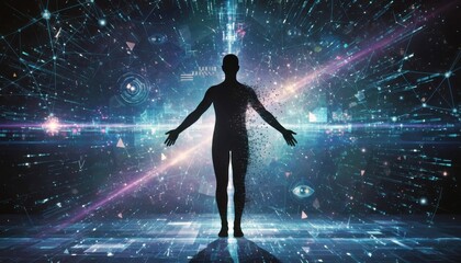 Obraz premium Dynamic Human Silhouette Surrounded by Cosmic Cybernetic Elements in a Digital Tech Realm