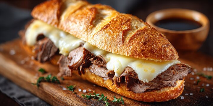 A delectable deli-style French dip sandwich with melting cheese and juicy roast beef rests on a rustic wooden board next to a bowl of savory au jus sauce.