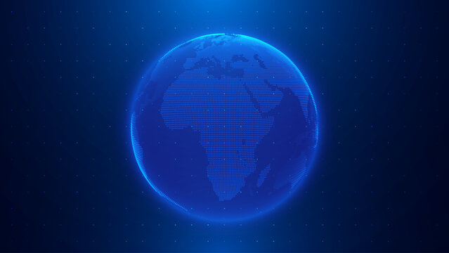 Digital Globe Network Showing Connected Earth Data Points in Blue Tech Visualization. Modern Global Data Representation with Particle Connections.