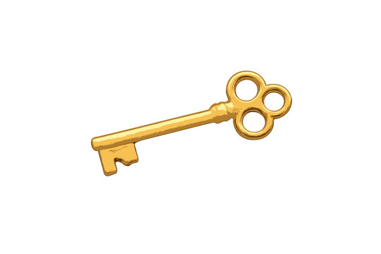 A detailed golden skeleton key with a decorative four-loop bow