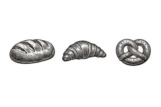 Set of hand-drawn bakery products including a loaf of bread, a