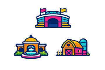 Naklejka premium A set of three stylized vector icons featuring a sports stadium with
