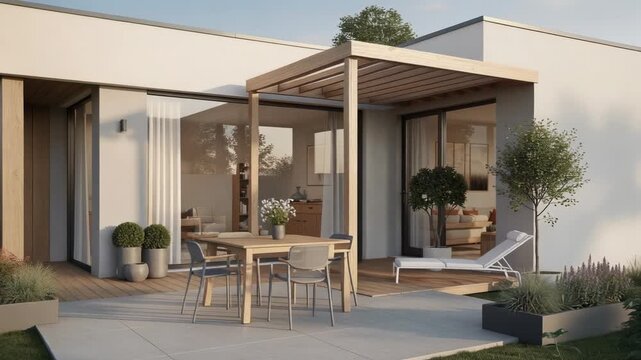 Modern cozy outdoor patio with wooden pergola table chairs and lounge chair in stylish garden