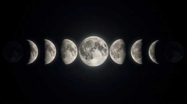 Spectacular full moon phases arranged in a line illustrating lunar cycle