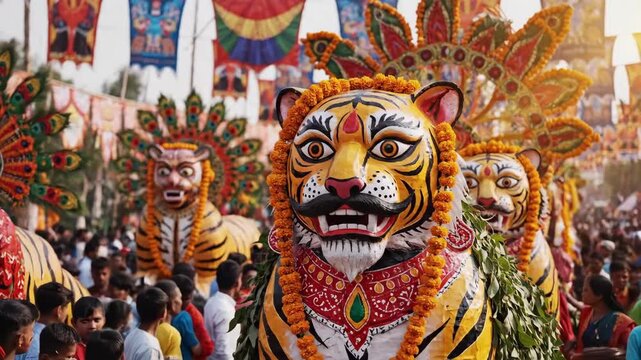 Vibrant bengali tiger masks parade through a joyful outdoor street celebration for pohela boishakh.