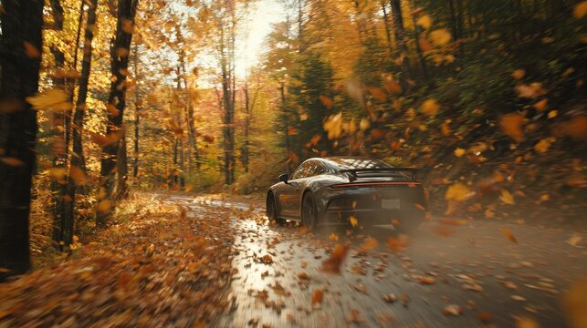Porsche 911 gt3 driving quickly down a forest road featuring blurred motion and autumn leaves