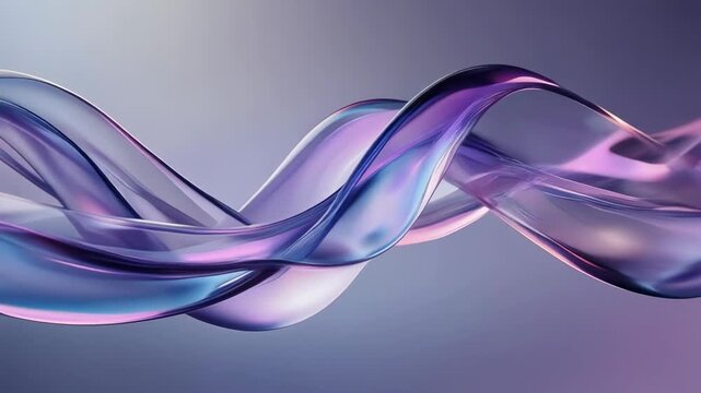 Abstract flowing glass waves in purple and blue tones with smooth translucent texture on soft gradient background