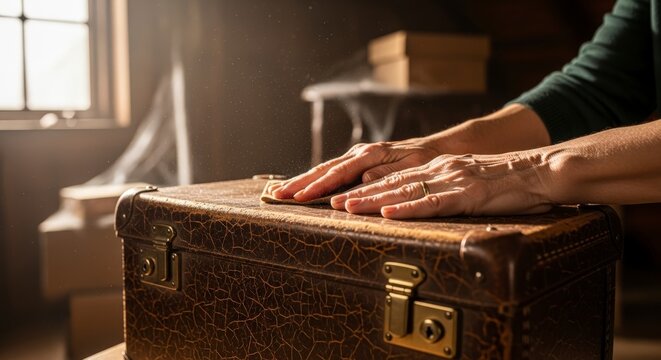 Person closing old vintage leather suitcase.