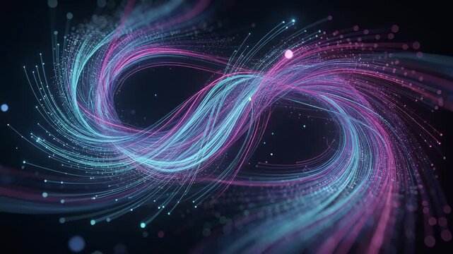 Abstract digital infinity loop with glowing neon blue and pink lines on dark background for technology and innovation