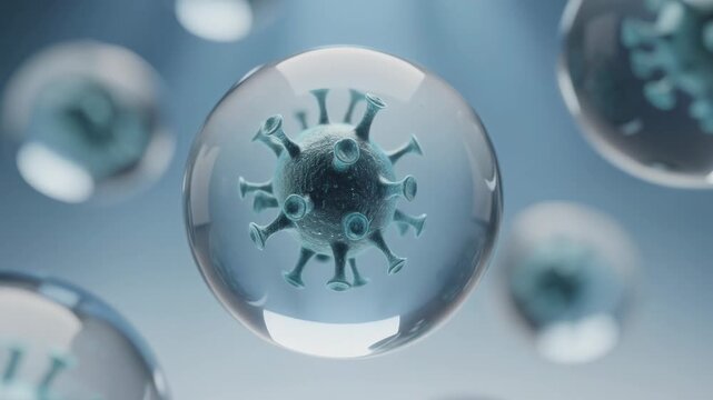 Close up of virus particles inside transparent spheres representing infection and disease spread concept