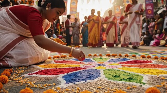 A bengali woman in traditional saree creates a vibrant alpana for pohela boishakh, celebrating new beginnings.